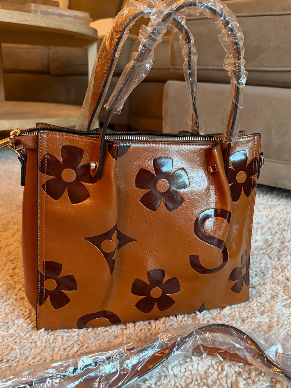 Designer-Inspired Brown Faux Leather Floral Tote Bag with Removable Strap